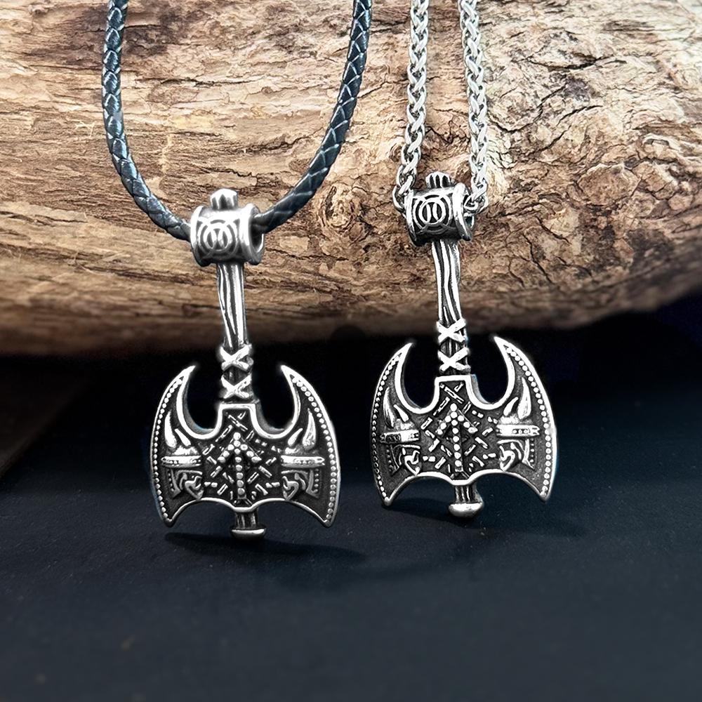 Norse Viking Warrior Stainless Steel Axe Pendant Necklace for Men with Leather Cord