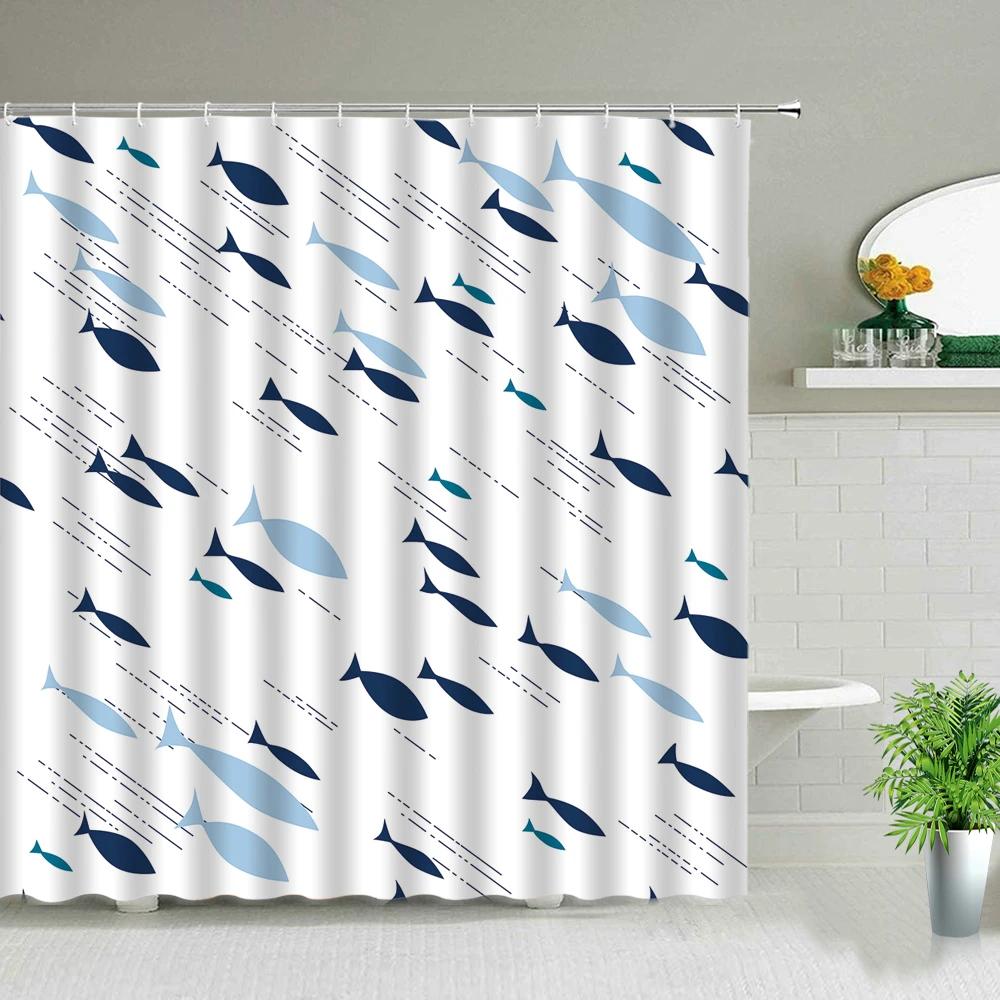 Cortinas de Chuveiro Peixe Tubarão Desenhos Coloridos Vida Marinha Banheiro Infantil Decoração de Casa Conjunto de Cortinas de Tecido Telas de Banho Impermeáveis