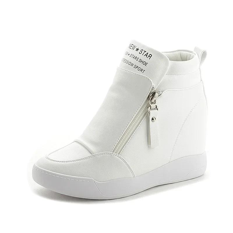 2025 New High Top Women Sneakers Autumn Winter Hidden Heel Casual Shoes Side Zip Women White Platform Wedge Rivet Shoes