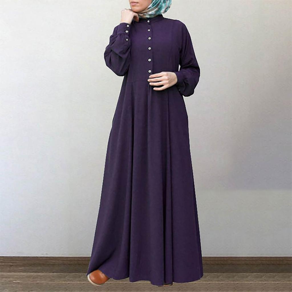 Women's Long Sleeve Button Down Casual Outfits Solid Color Round Neck Maxi Dresses