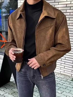 Koreanische Herren-Wildleder-Bomberjacke - Herbst/Winter, Lockerer Schnitt, Reverskragen, Reißverschluss, Amerikanischer & Hongkong-Stil