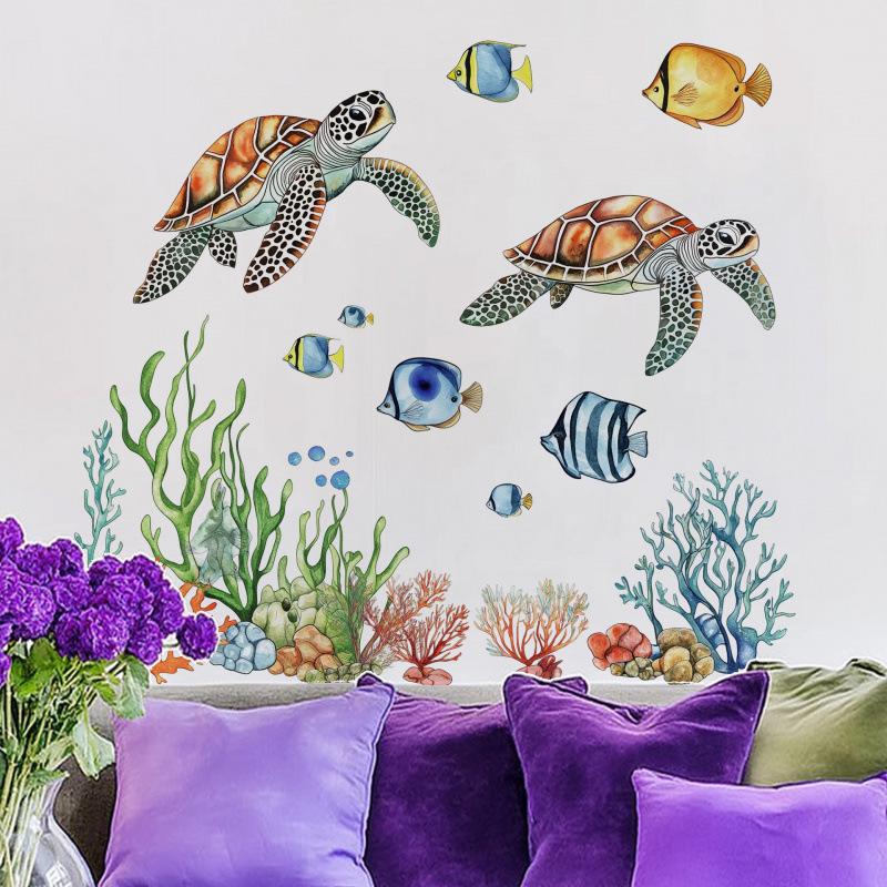 MS362 Sea Turtle & Coral Wall Stickers - Self-Adhesive Ocean Decor for Bathroom