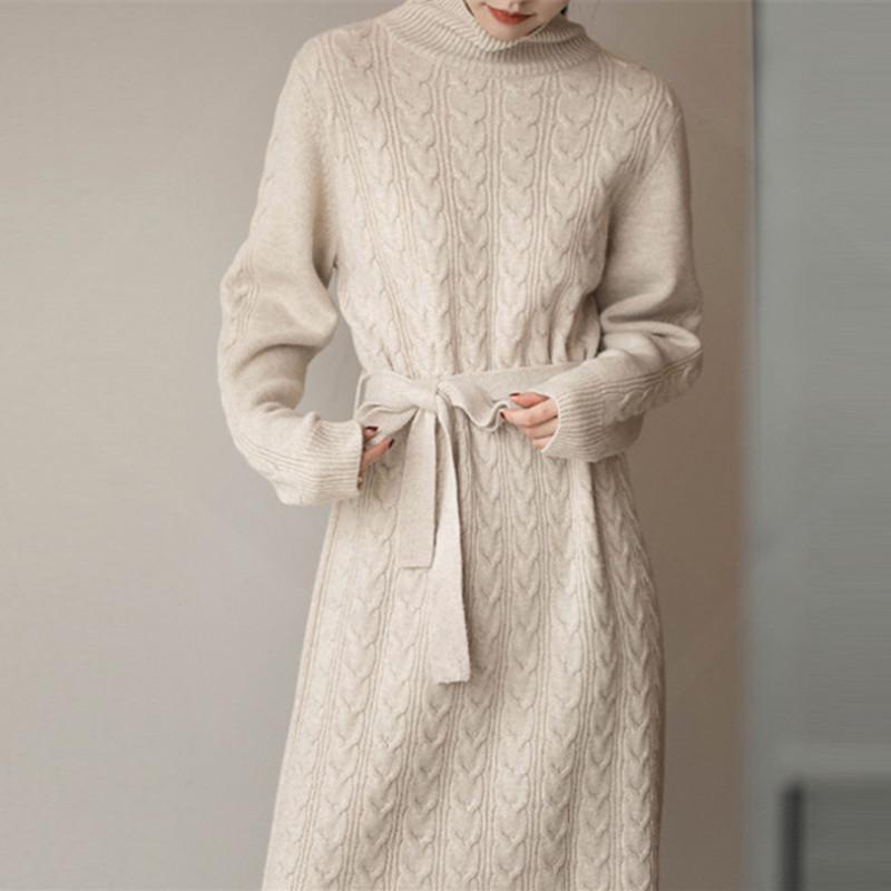 Lace-up waist high-necked knitted dress for women's autumn and winter new loose and thin over-the-knee primer sweater skirt for women