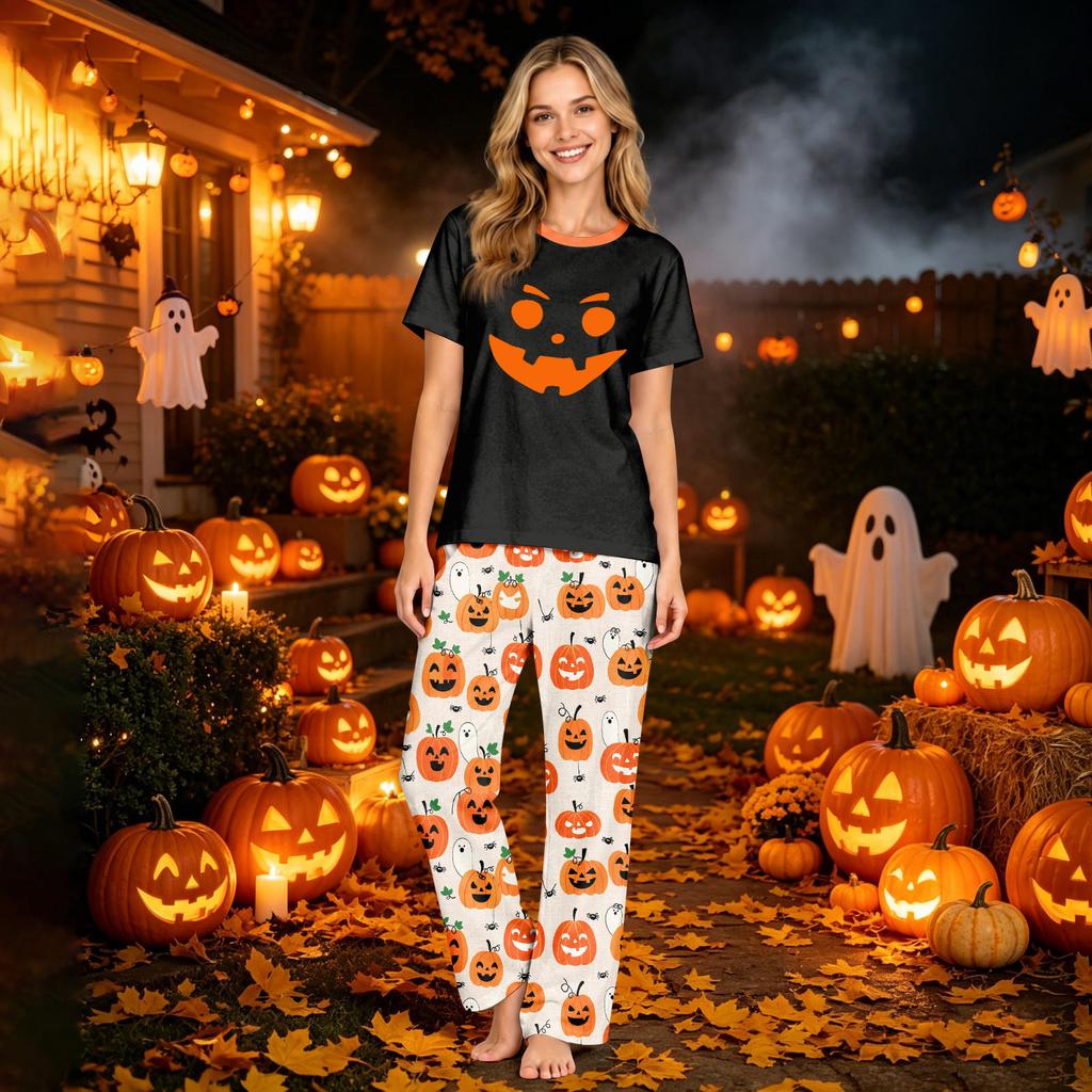 Matching Family Halloween Printed Pajama Set Short Sleeve T-Shirt and Pants for Women and Kids
