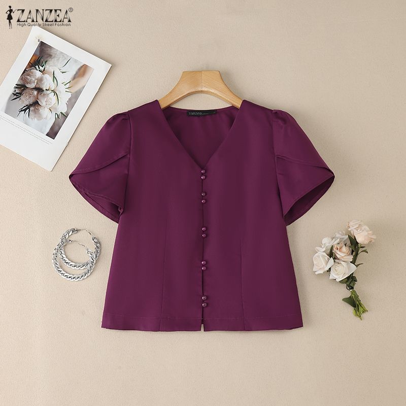 ZANZEA Women Casual V-Neck Solid Color Short Sleeve Blouse
