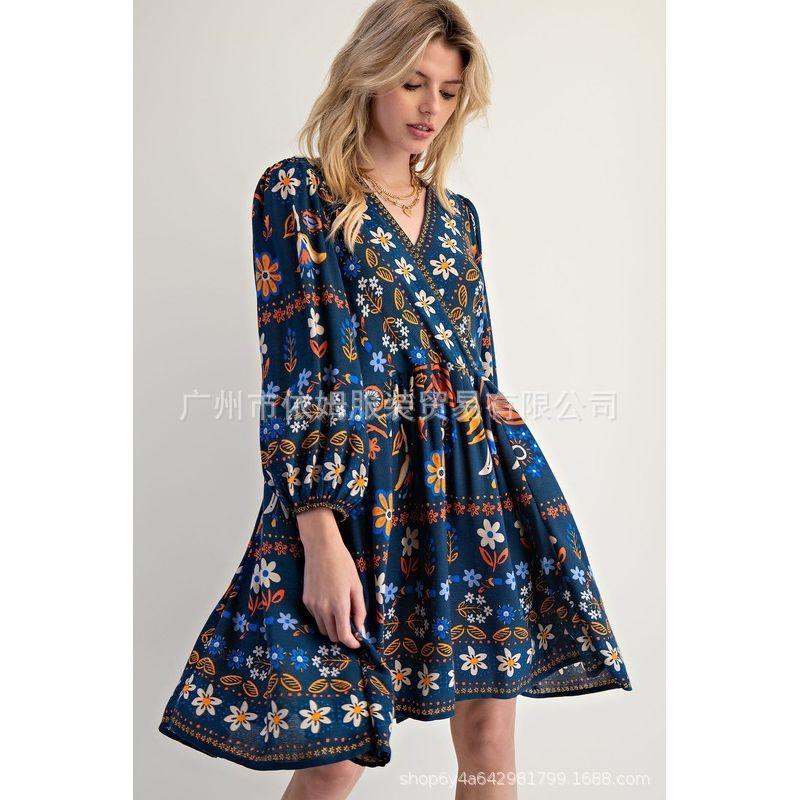 

25 Fall New Arrival European and American Women s Clothing Printed V-neck Loose Leisure Short Long Sleeves Dress Women Blue XL