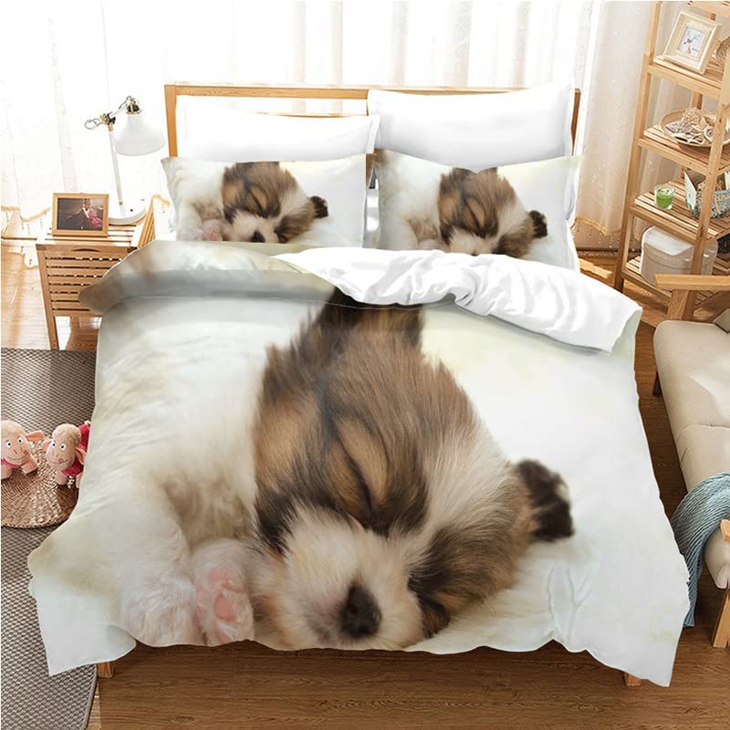 Cute Dog Duvet Cover Set King Queen Size Kawaii Dog Animals Pattern Bedding Set for Kids Boys Girls Polyester Comforter Cover