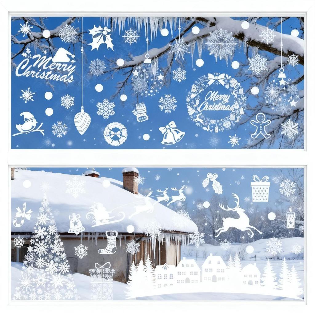 Static Christmas Window Stickers 9 Pieces Removable Winter Window Clings White & Balls Christmas Village Patterns Holiday Decor