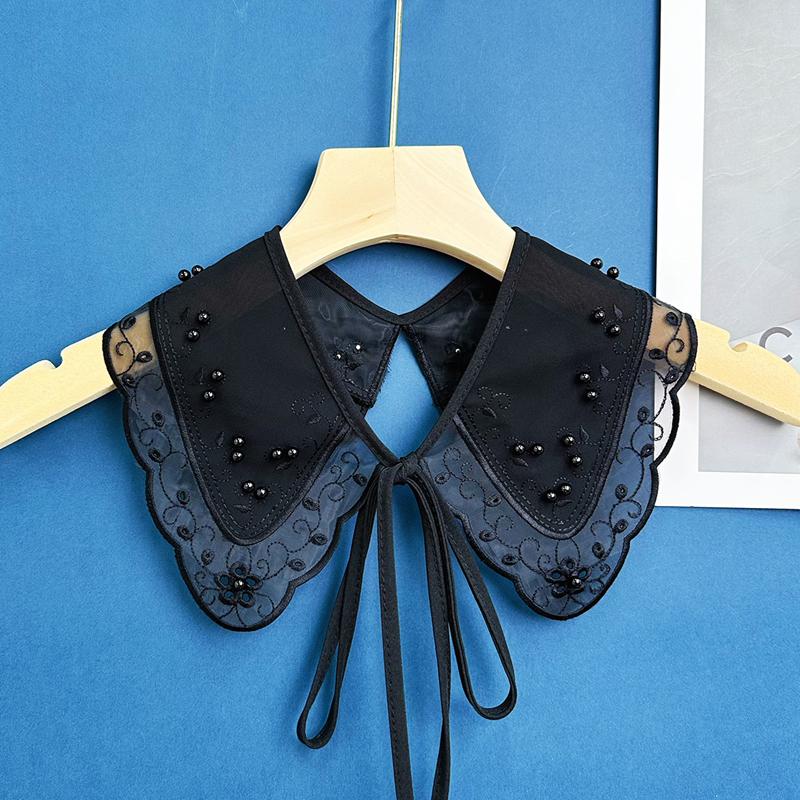 Embroidery Lace Detachable Black Fake Collar See Through Mesh Shawl Bow Tie Ribbon Decoration Collar Floral Scarf Capelet