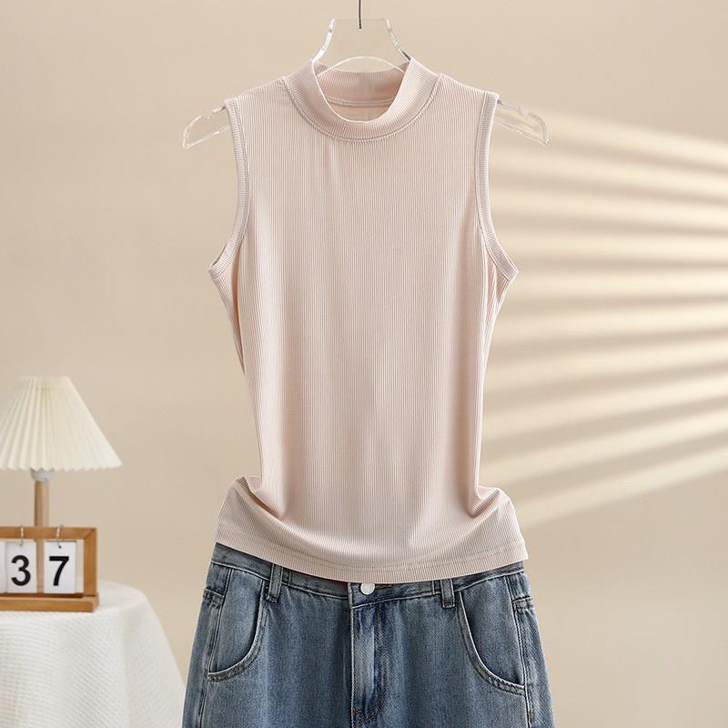 Women's Sleeveless Semi-High Neck Slim Cotton Vest - Solid Color Summer Top