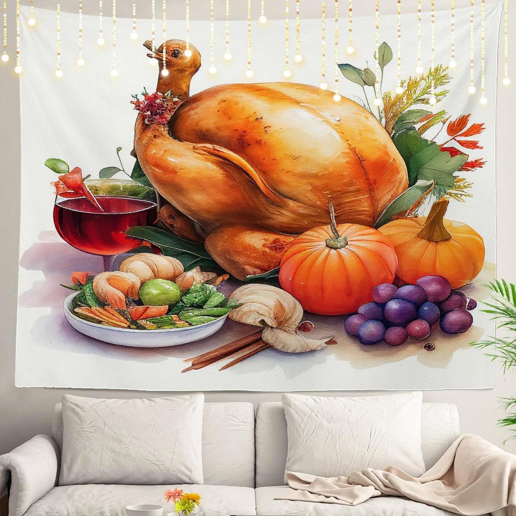 Autumn Thanksgiving Feast Pumpkin Turkey Boho Picnic Fall Holiday Wall Hanging Tapestry Decoration for Home Party Backdrop