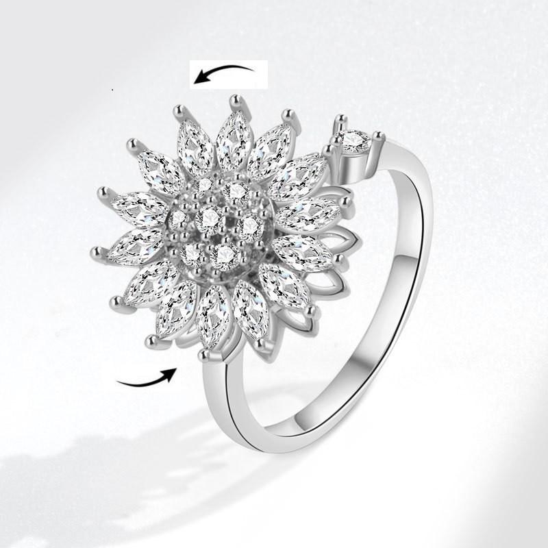 Mote Fidget Spinner Ring Angst for Kvinner Flere Krystall Solsikke Fingerringer Roter Anti Stress Zirkon Bryllupsgave