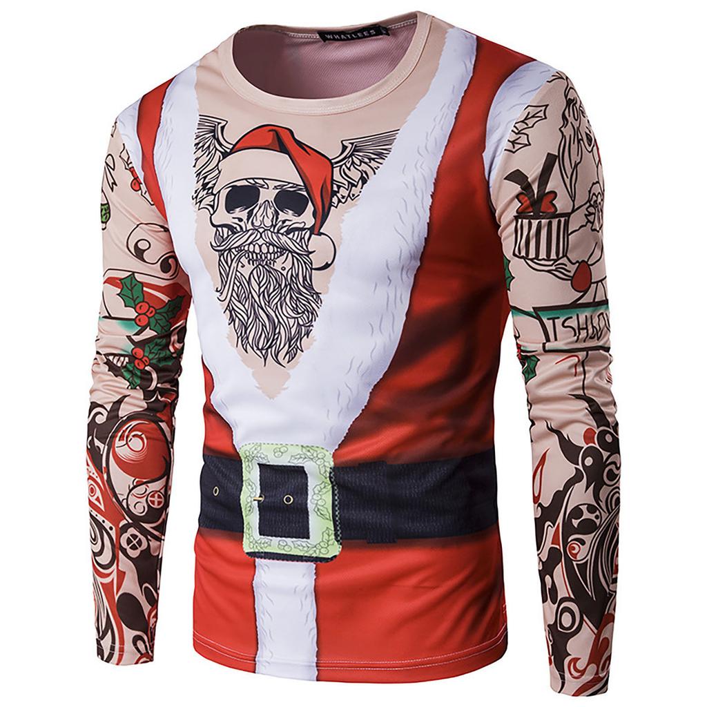 Men's Round Neck Slim Fit Long Sleeve Top Christmas Print T-shirt