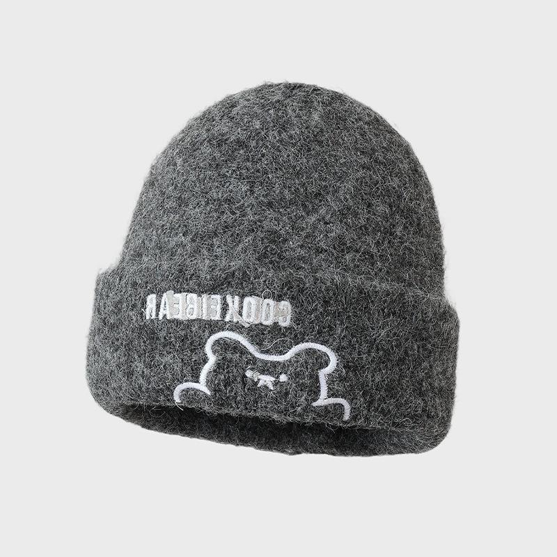 Winter Versatile Hat Female Cute Bear Knitted Hat Thickened Windproof Wool Hat Fashionable Warm Bald Hat