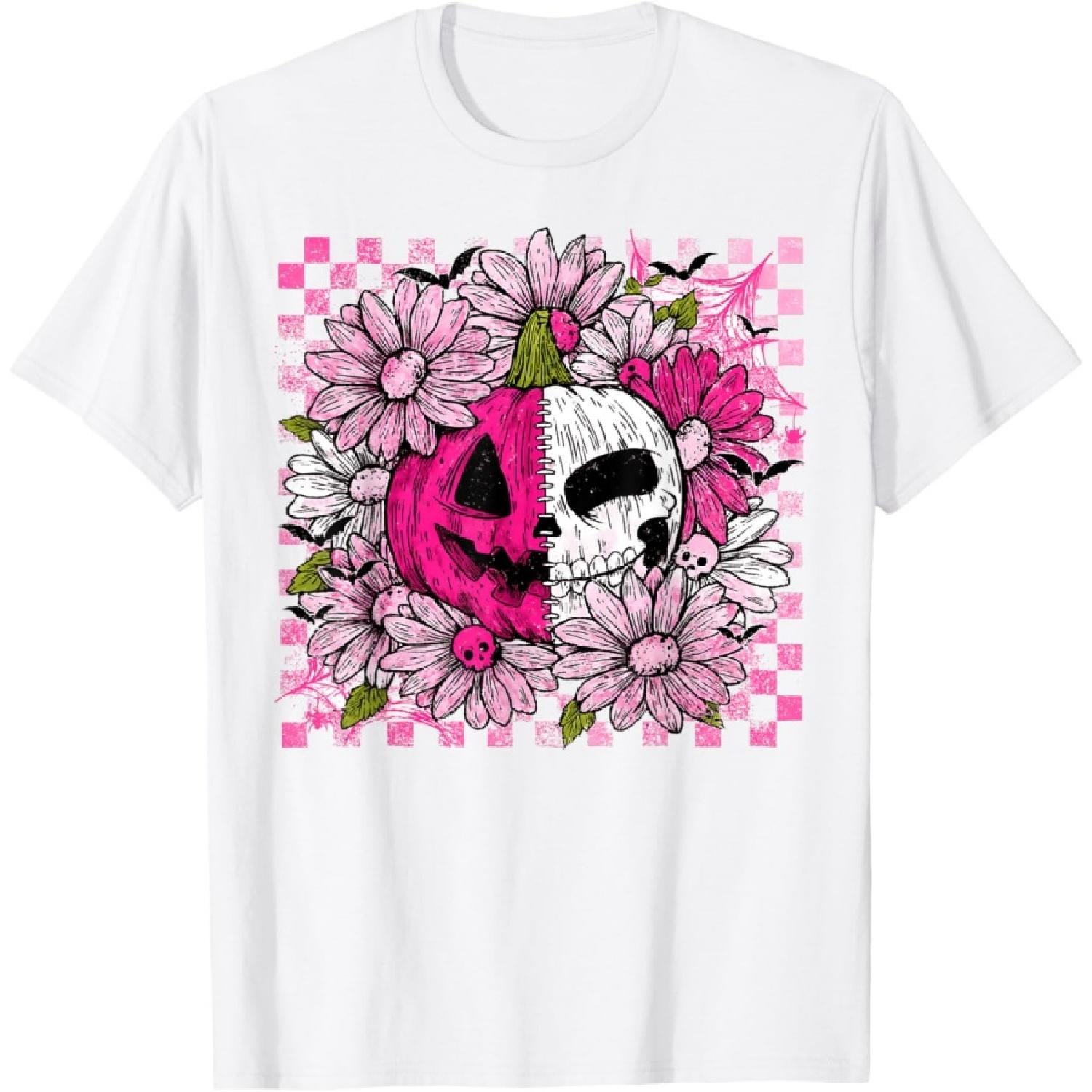 Vintage Retro Skull Jack O Latern Floral Halloween Women T-Shirt XXXXXL белый