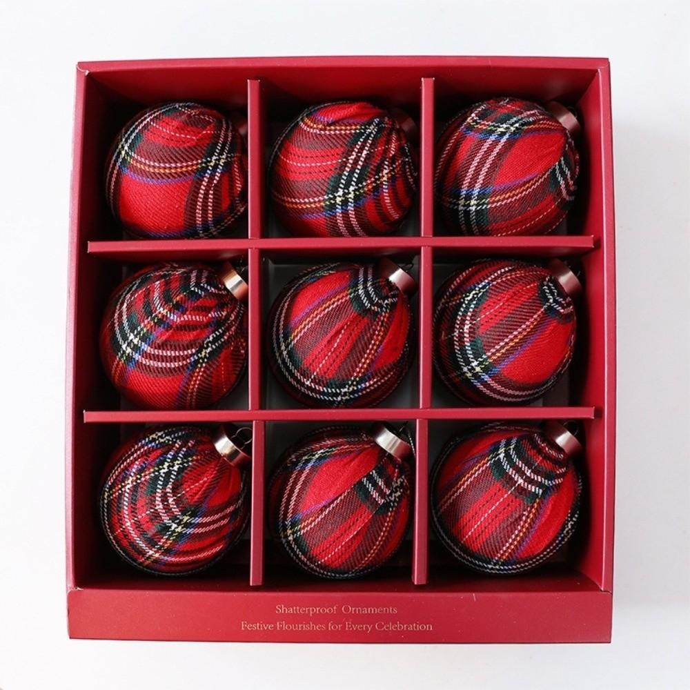 9Pcs Vintage Plaid Fabric Christmas Ball Set Grid Pattern Christmas Gift Spheres Home Decor