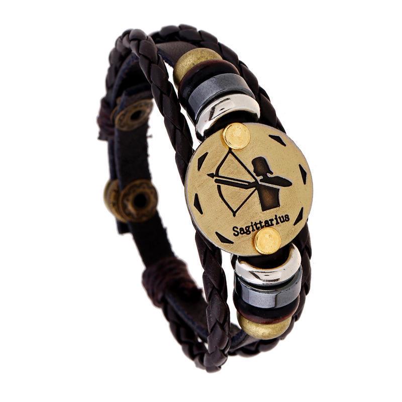 Vintage Zodiac Leather Cuff Bracelet Multi-Layer Chain Bracelet Adjustable Birthday Gift Jewelry