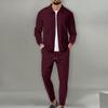 2025 Men's Slim Fit Cardigan Jacket Set with Waffle Knit, Zipper Pocket, and Lapel Collar for Spring and Autumn