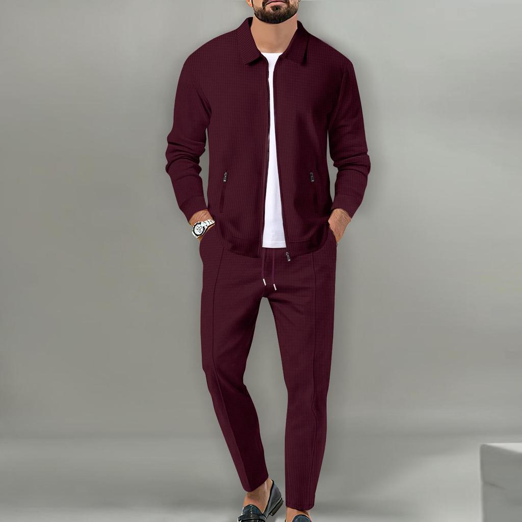 2025 Men's Slim Fit Cardigan Jacket Set with Waffle Knit, Zipper Pocket, and Lapel Collar for Spring and Autumn