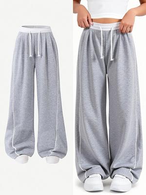 Kinder Mädchen Kontraststreifen Kordelzug Taille Baggy Weites Bein Heidegrau Lässig Sport Jogginghose