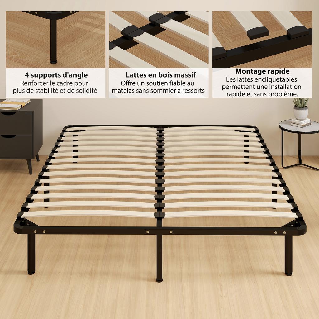 Bed Frame 160 x 190 cm, Double Bed in Solid Wood with Slatted Base and Foot, Storage Underneath, Black