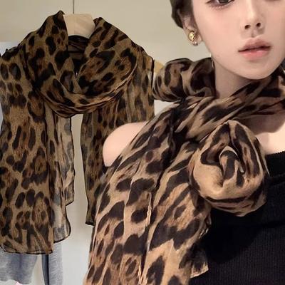 Women Leopard Print Scarf Vintage Harajuku Silk Scarf Spring Fashion Chiffon Wrap Scarf Shawl Classic Casual Sexy Elegant Scarf