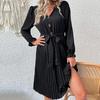 Black High Waist Pleated A Line Dress for Women V Neck Long Sleeve Lace Up Early Autumn Fashion