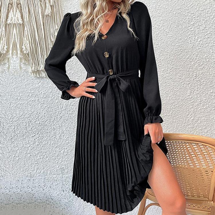 Black High Waist Pleated A Line Dress for Women V Neck Long Sleeve Lace Up Early Autumn Fashion
