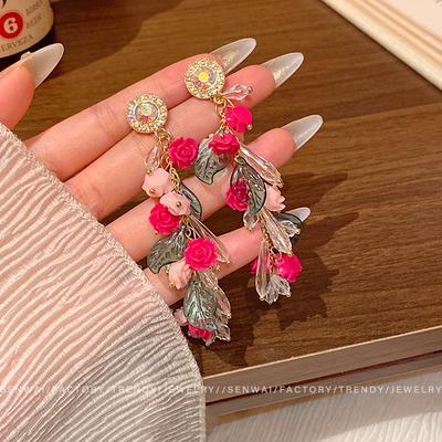 French Gentle Super Fairy Long Flower Fringed Earrings Light Luxury Temperament High-end Stud Earrings Fashion Ear Jewelry