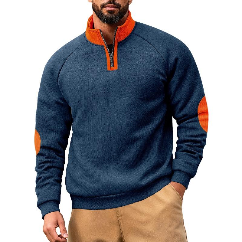 Men's Stand-up Collar Casual Sports Color Matching Zipper Embroidered Long-sleeved Henry Fashion Street Sweater