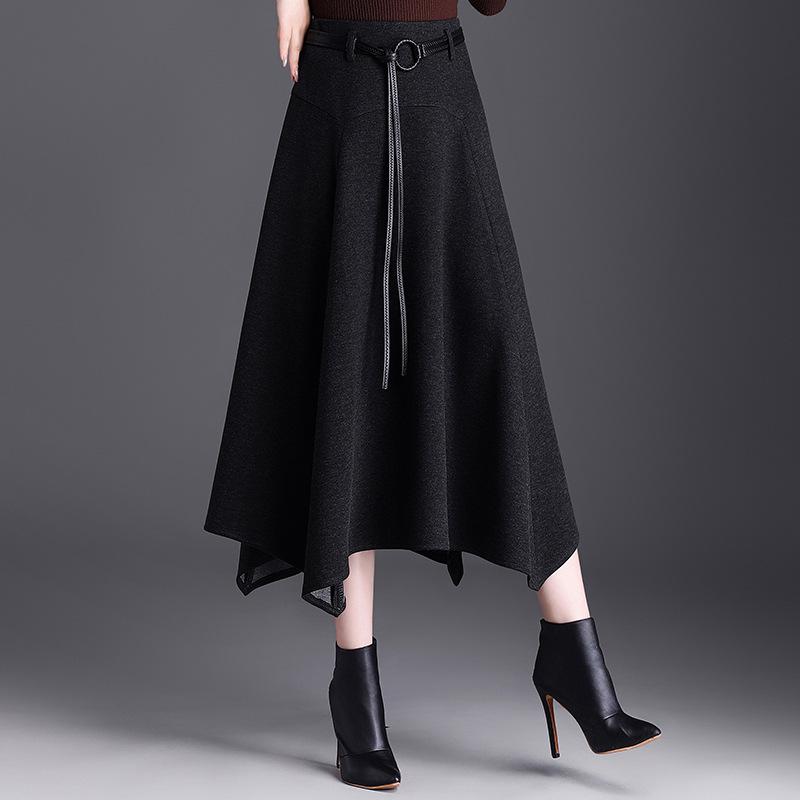 Womens 2025 Winter Mid-length High-waisted A-line Skirt with Retro Irregular Hem XL темно-серого