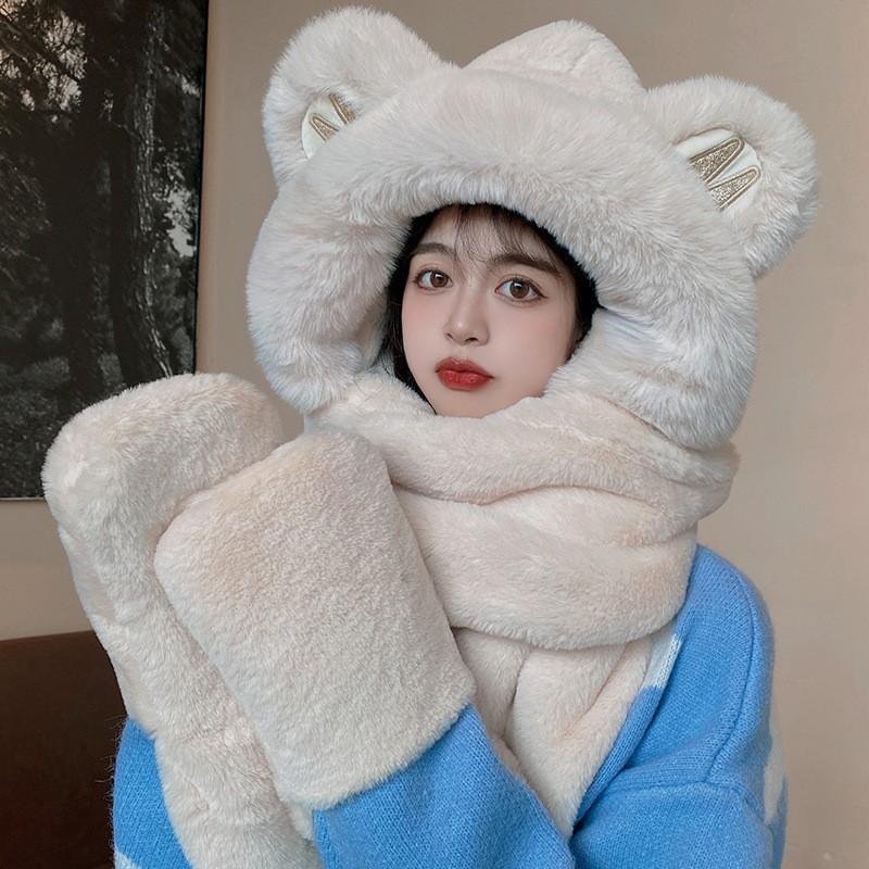 Meier bear hat, plush and thickened plush hat, women's winter hat, scarf, integrated hat.