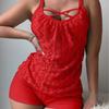Pink Hollow Print Tankini Swimsuit with Shoulder Straps