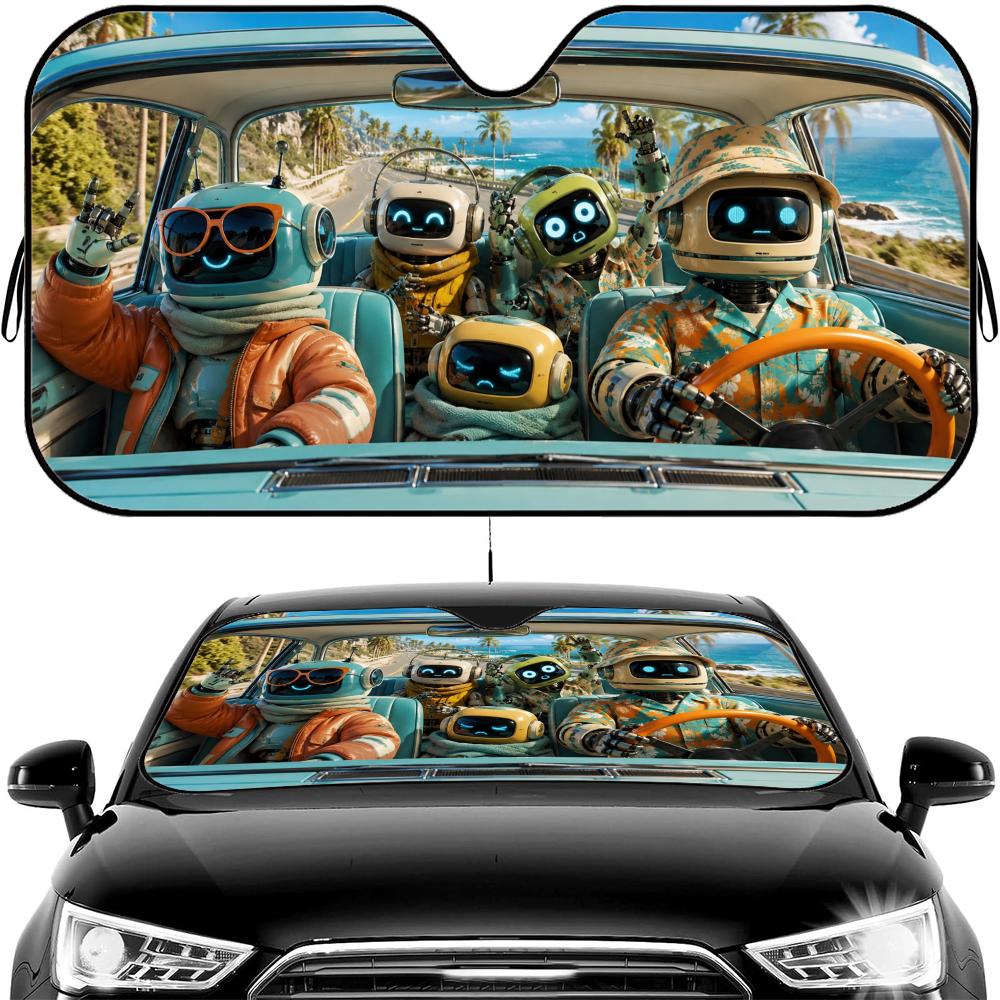 Funny Robot Driving Sun Visor Car Windshield Sun Shade UV Protection Heat Insulation Cover Universal  Sun Protector