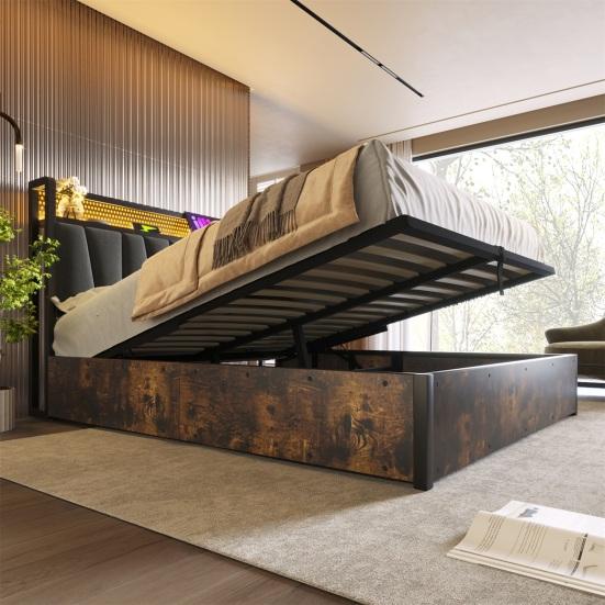 Upholstered Bed Metal Bed LED App-Control Double Bed with Charging USB Charging Function Headboard And LED Light, Metal Bed 140x200cm Wooden Slatted