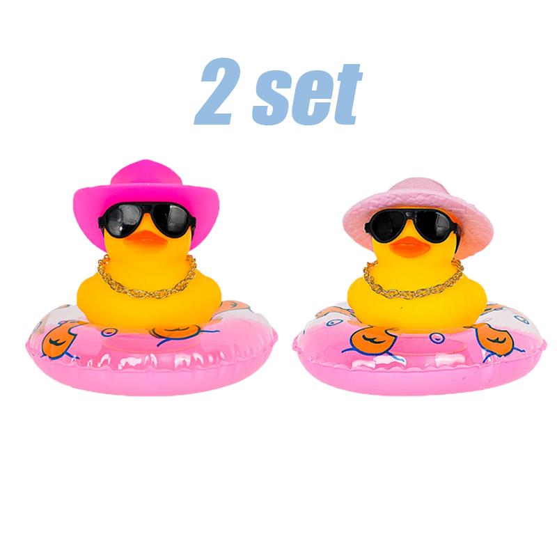 Car Duck Car Rubber Dashboard Decorations Ornament Yellow Rubber Duck with Mini Swim Ring Sun Cowboy Hat Necklace