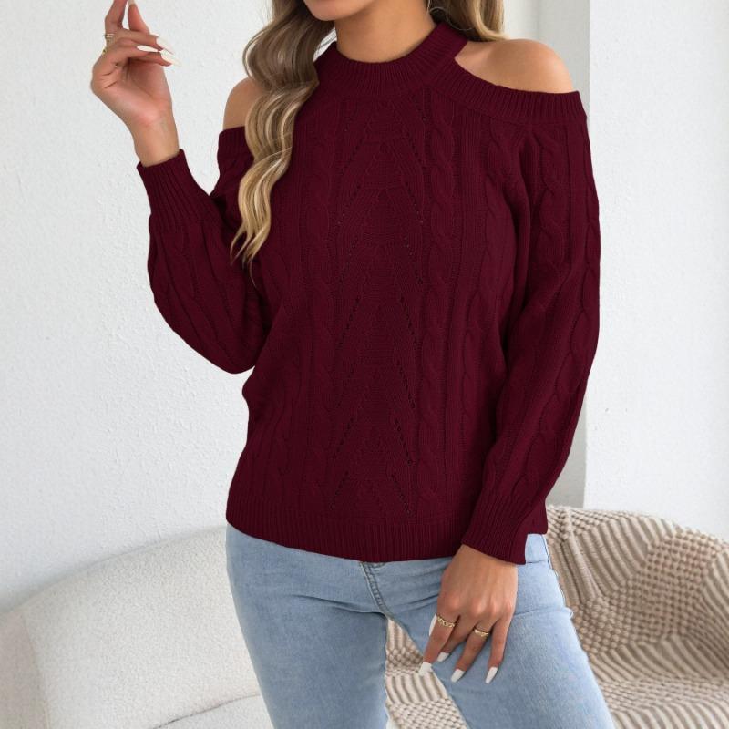 Womens Casual Solid Off Shoulder Long Sleeve Pullover Sweater