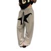 Womens Relaxed Fit Straight Leg Jogger Pants With Star Patch Embroidery Elastic Waist Casual Wide Trousers