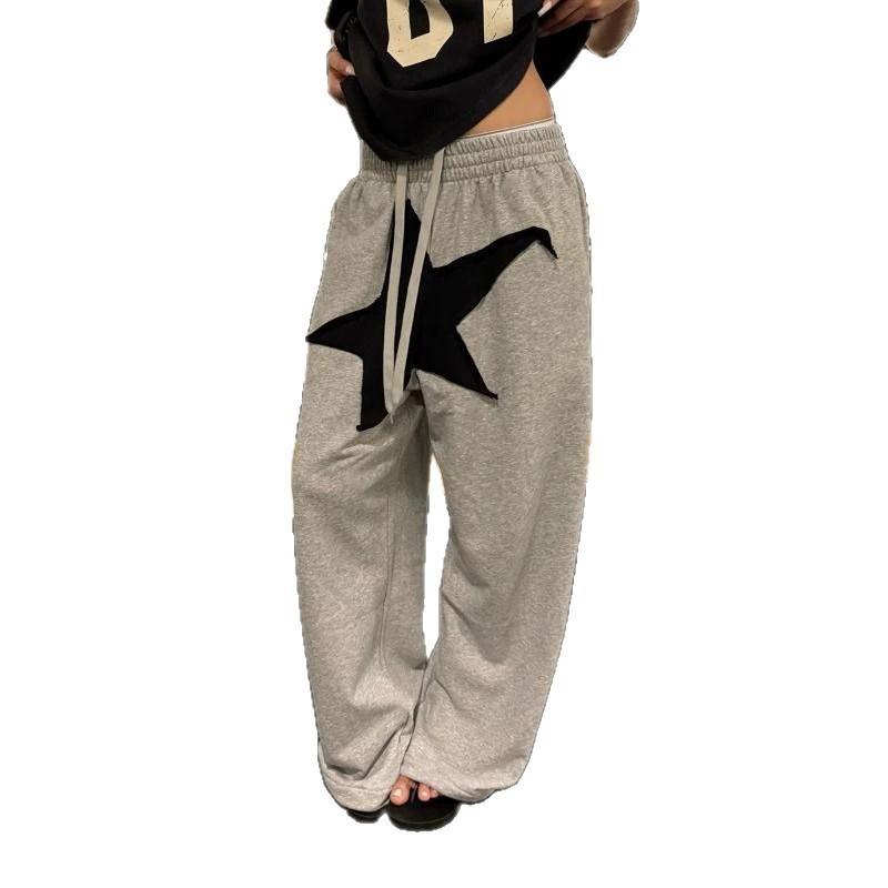 Womens Relaxed Fit Straight Leg Jogger Pants With Star Patch Embroidery Elastic Waist Casual Wide Trousers