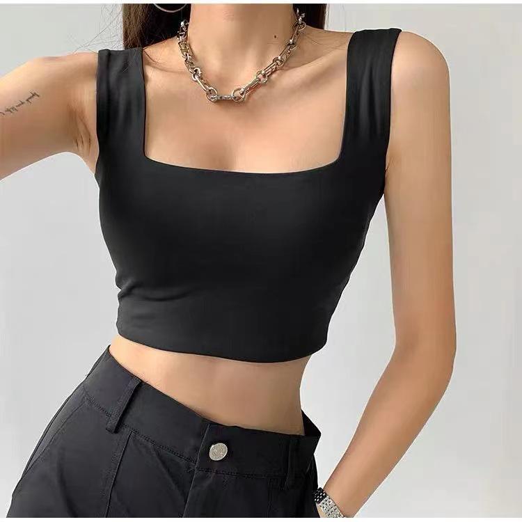 Women's Solid Color Square Collar Sports Vest with Wide Straps and Chest Pad