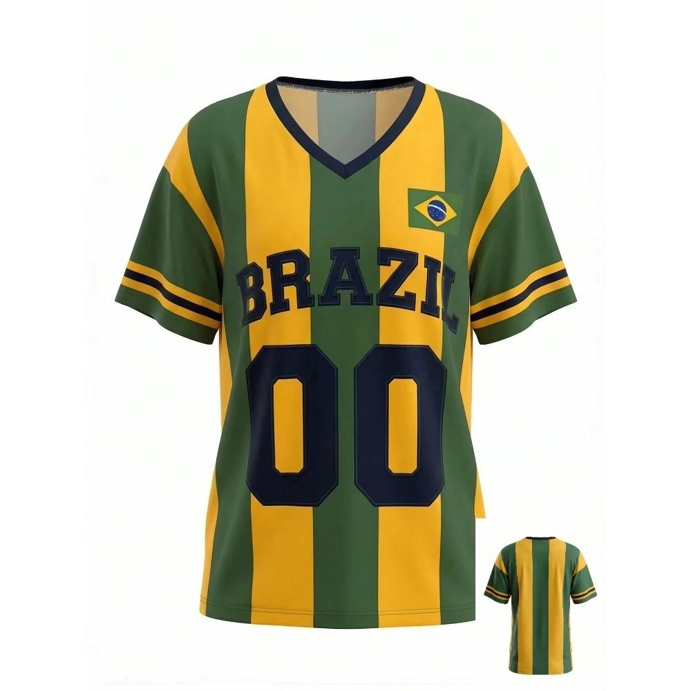 Fashion Y2K Brazil Style Jersey Green & Yellow Striped Print V-Neck T-Shirt Streetwear Style Sporty Stylish T Shirt