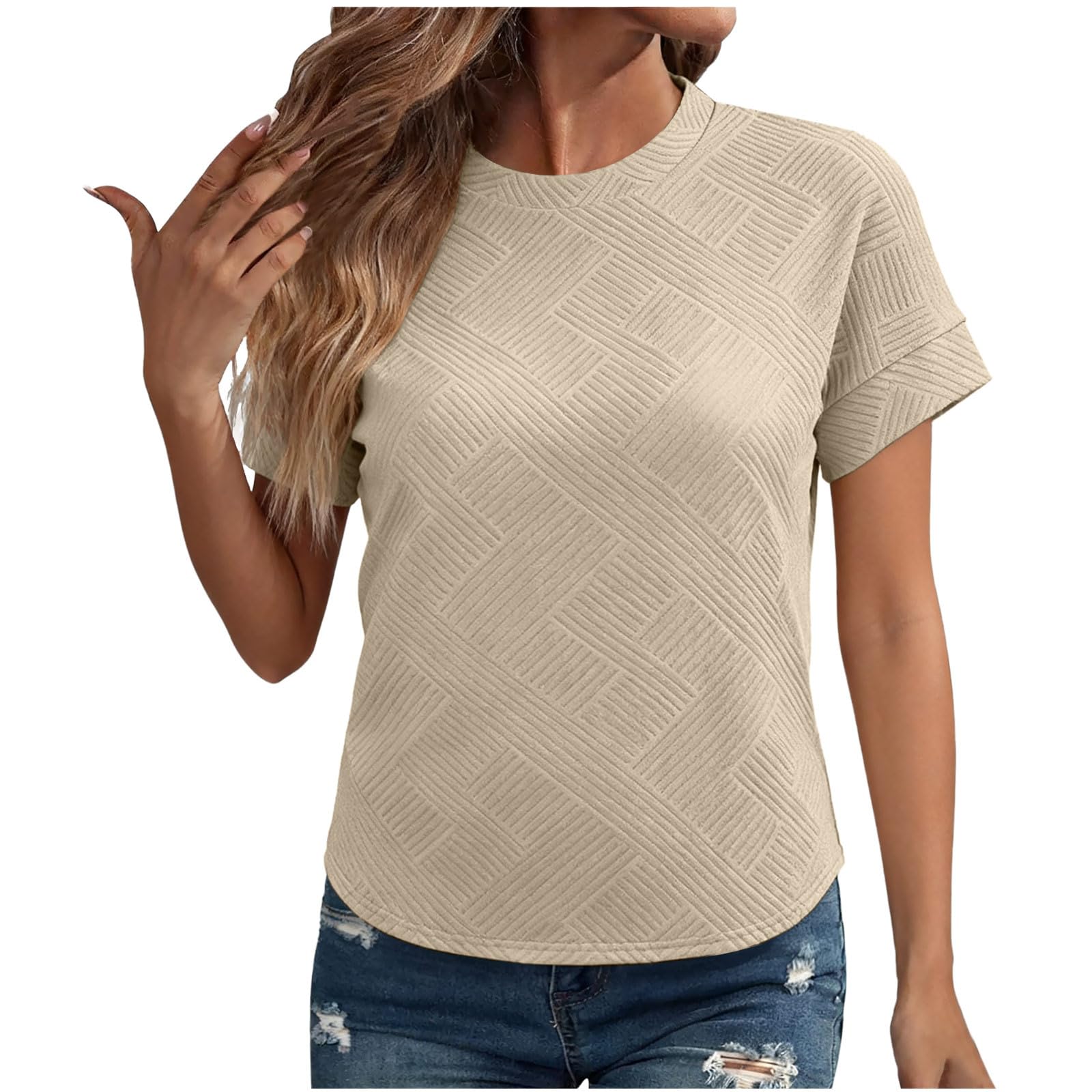 

Women s Fashion Round Neck Textured Short Sleeve T,Shirt Color Top XL хакі