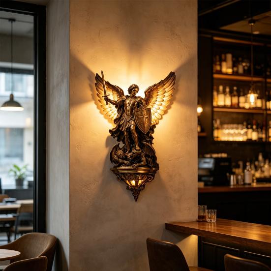 Luminária de Parede Arcanjo Miguel Resina Vintage LED Arandela Gótico Medieval Anjo Guardião Arte de Parede Decorativa para Quarto Sala de Estar Corredor