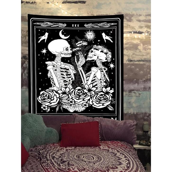 Onivein The Lovers Skull Tapestry Gothic Tapestry Vertical Black and White Skeleton Gothic Witch Sun Moon Floral Plant Snake Tapestries Wall Hanging