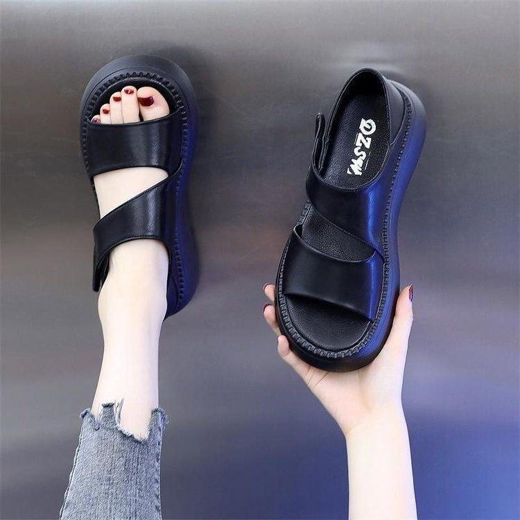 Velcro Sandals Summer New Non-slip Soft Sole Mid-heel Thick Sole with Skirt Casual Roman Shoes