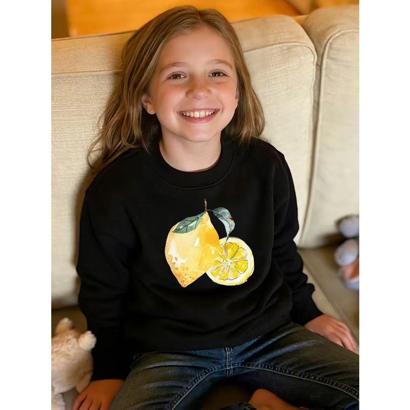 Kids Unisex Crewneck Sweatshirt, Watercolor Whole And Slice Lemon With Leaves Print Long Sleeve Pullover, Sweatshirt for Boys Girls Over 4 Years Old 110 чёрный