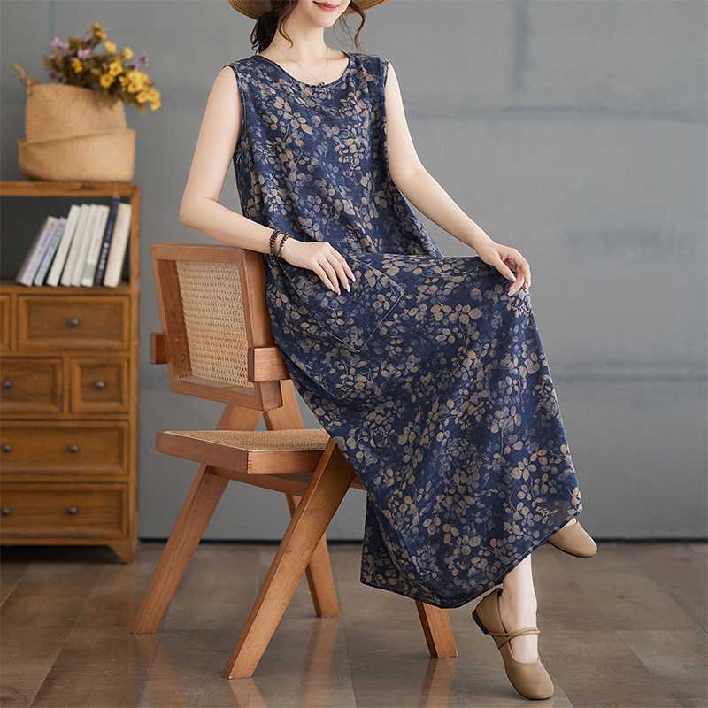 Retro Floral Cotton and Linen Halter Dress - Stylish Loose Lightweight Sleeveless Blouse-style Dress for Women