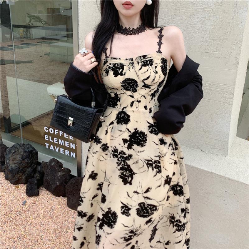 French Floral Hepburn-Style Summer Dress and Cardigan Set S