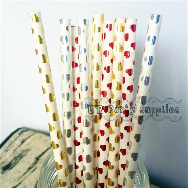 25Pcs/Bag Happy New Year Drinking Paper Straws Heart Foil Disposable Paper Staw Happy Birthday