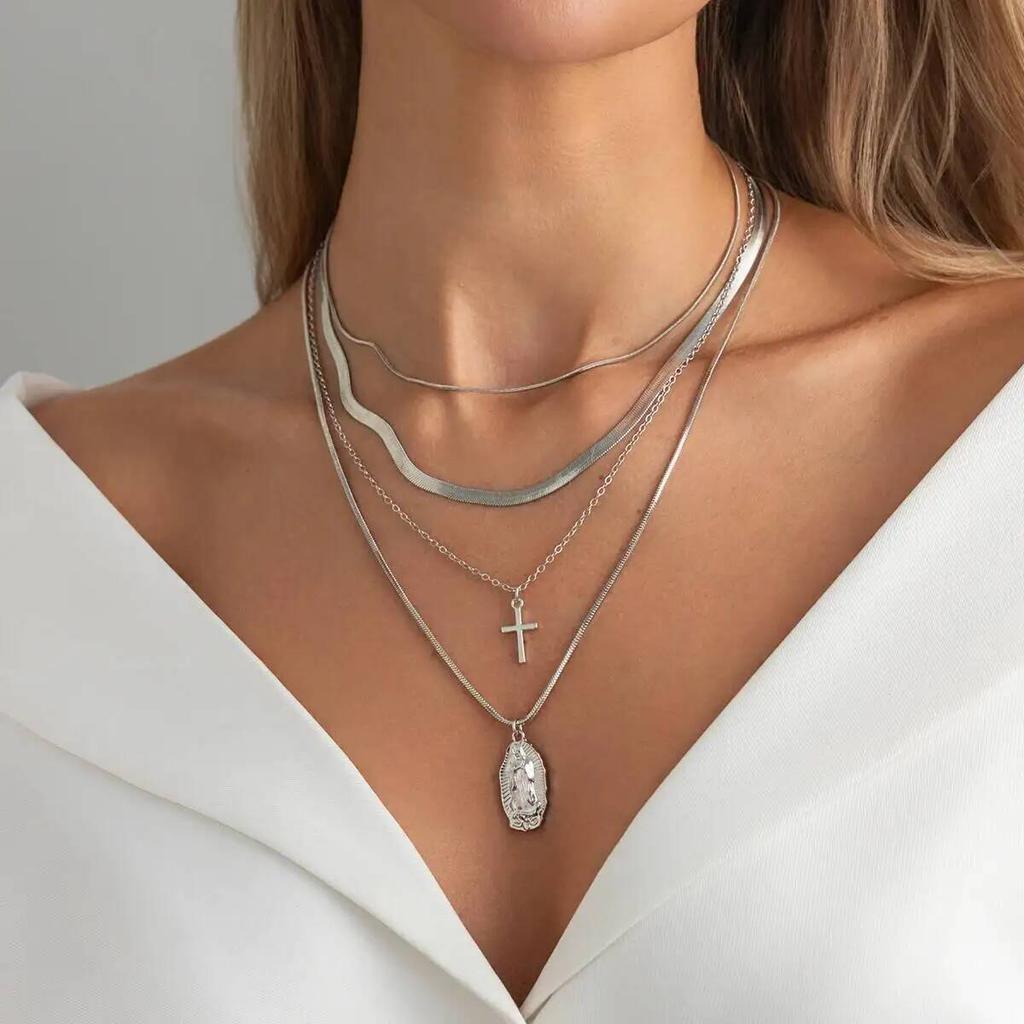 SHIXIN 4Pcs/Set Minimalist Cross Jesus Pendant Metal Necklace Gold Color Multi-layer Adjustable Choker Chain Women Jewelry Gift